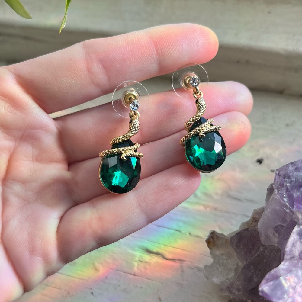 Elegant Gold and Green Snake Earrings